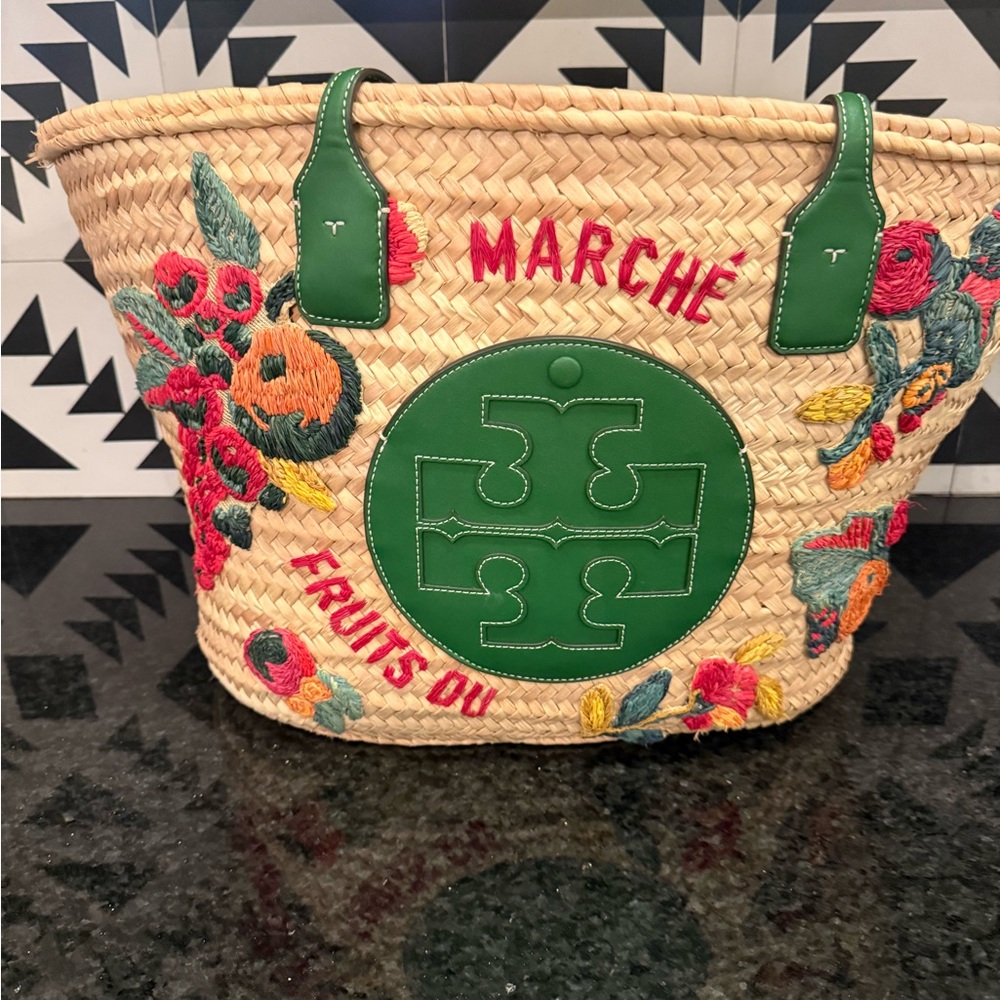 Tory Burch x Doum Straw Tote with Green Logo and Multicolor Floral Embroidery
